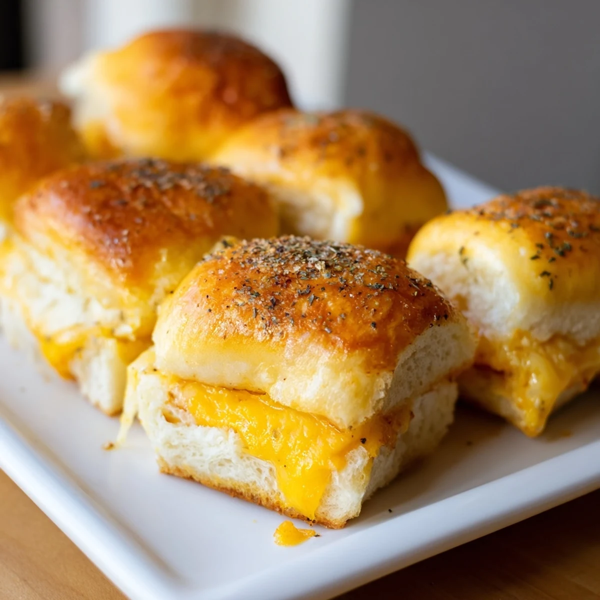 Buttery toasted Hawaiian roll sliders stuffed with gooey cheese arranged on a rustic wooden board