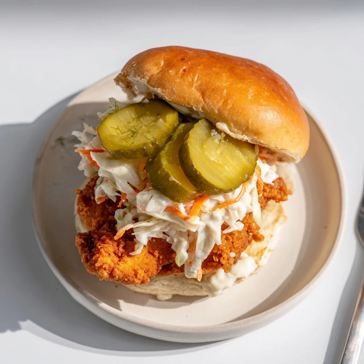Crispy buttermilk fried chicken thigh served on soft bun with tangy cabbage slaw and pickles