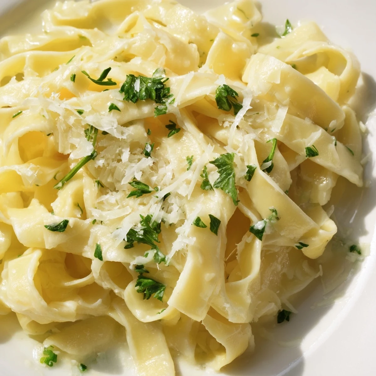 Creamy fettuccine Alfredo pasta coated in silky Parmesan butter sauce with fresh parsley garnish
