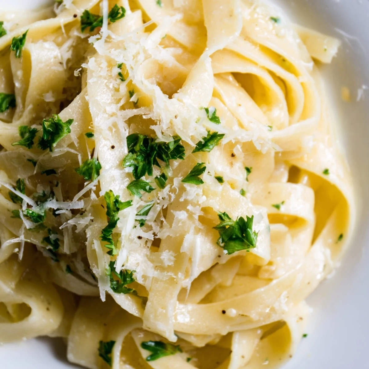 Golden Parmesan fettuccine Alfredo tossed in rich white cream sauce sprinkled with extra cheese