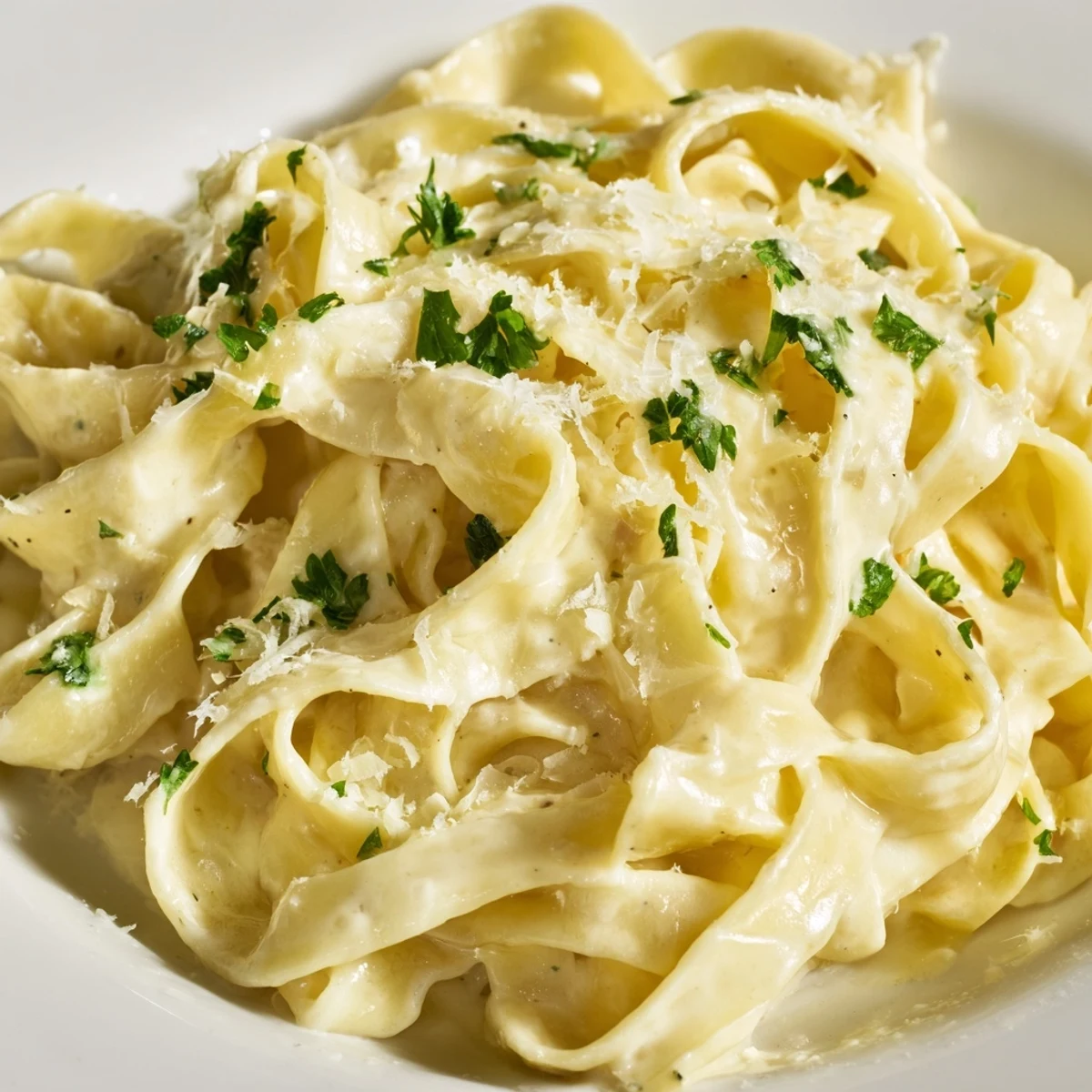 Steaming plate of creamy fettuccine Alfredo pasta with glossy butter Parmesan coating and green parsley