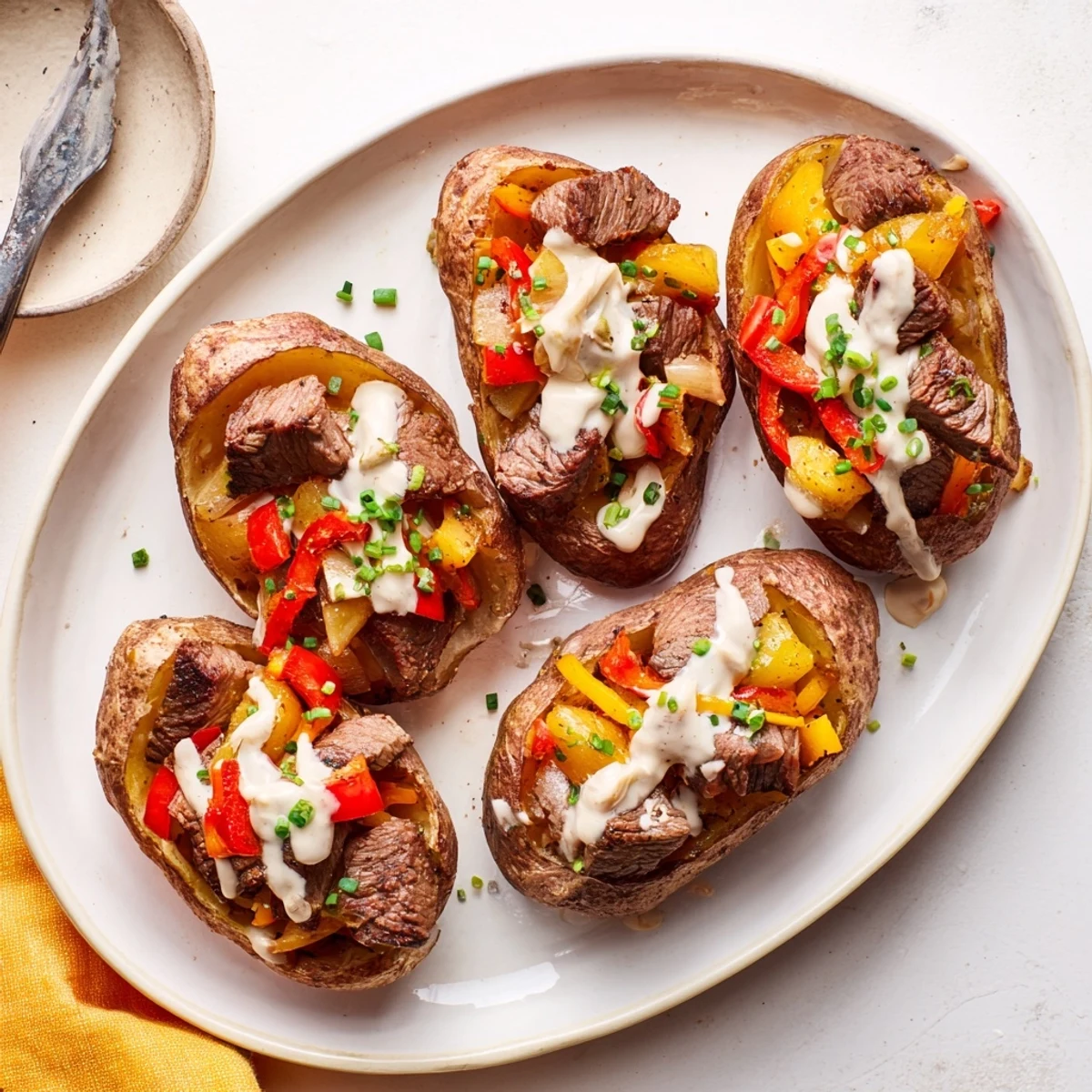 Golden baked russet potatoes overflowing with seasoned steak cubes and rich Parmesan cream sauce