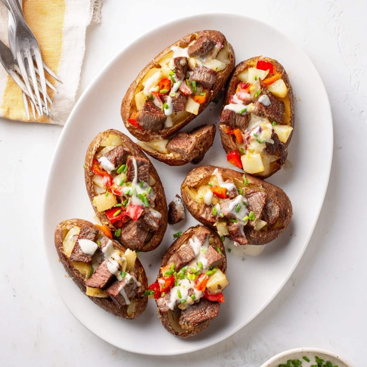 Fluffy baked potato halves stuffed with juicy sirloin and vegetables draped in white cheese sauce