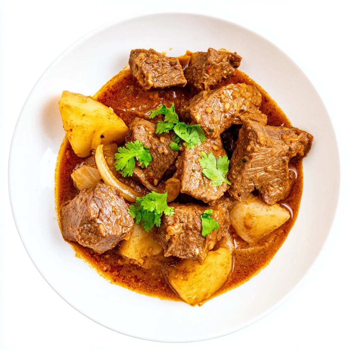 Slow cooker Indian beef curry with tender chunks in rich coconut sauce and fresh cilantro garnish