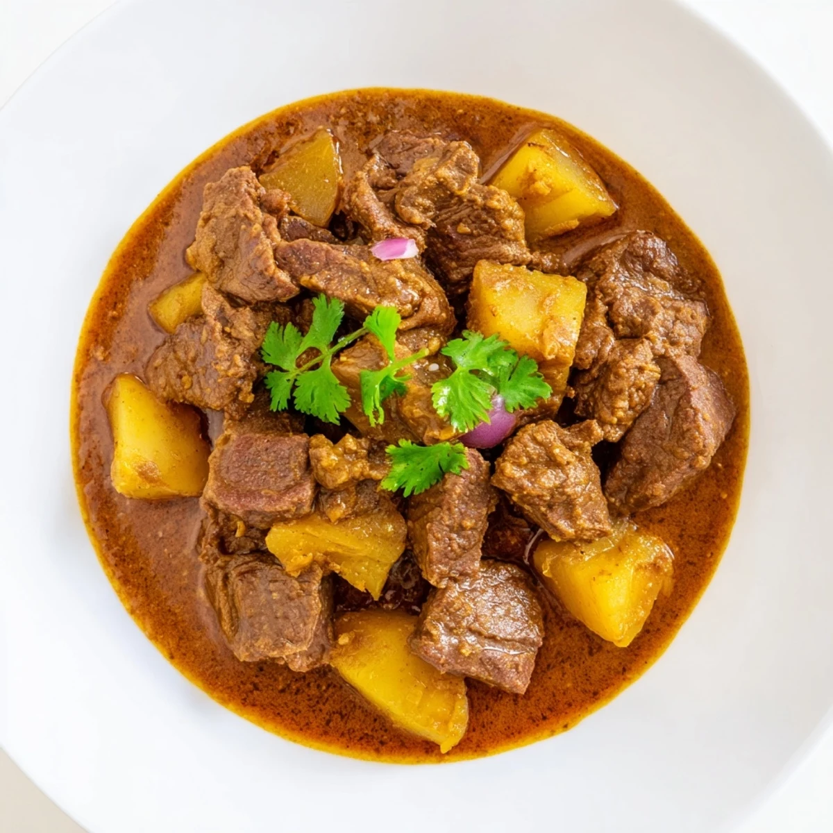 Savory slow cooker Indian beef curry served over steamed white rice with fluffy naan bread