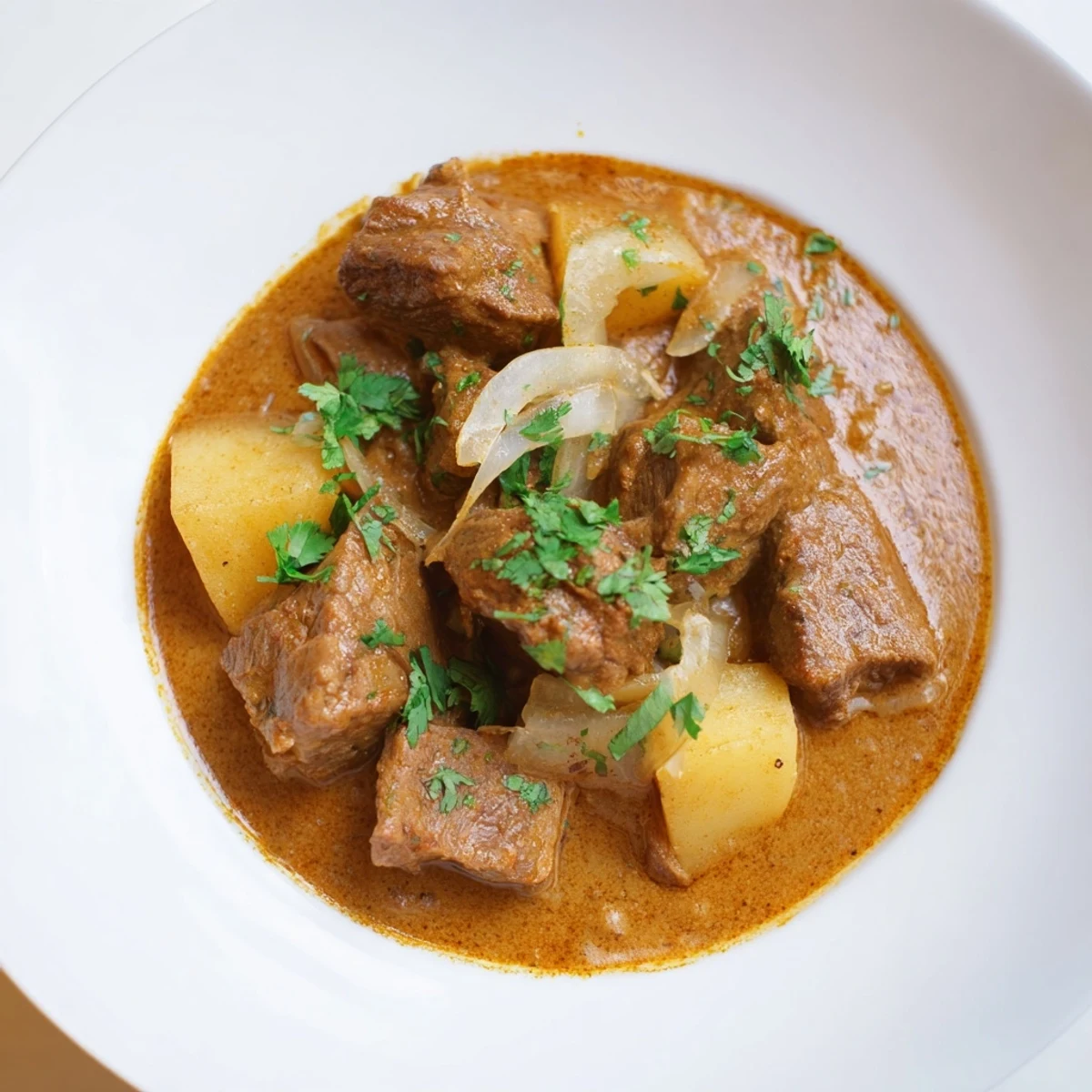 Hearty slow cooker Indian beef curry featuring melt-in-your-mouth beef cubes and aromatic spice layers