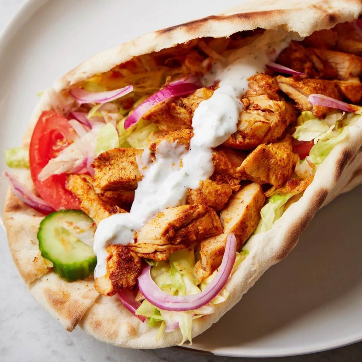 Juicy spiced chicken shawarma slices piled in warm pita with crisp lettuce and creamy garlic sauce