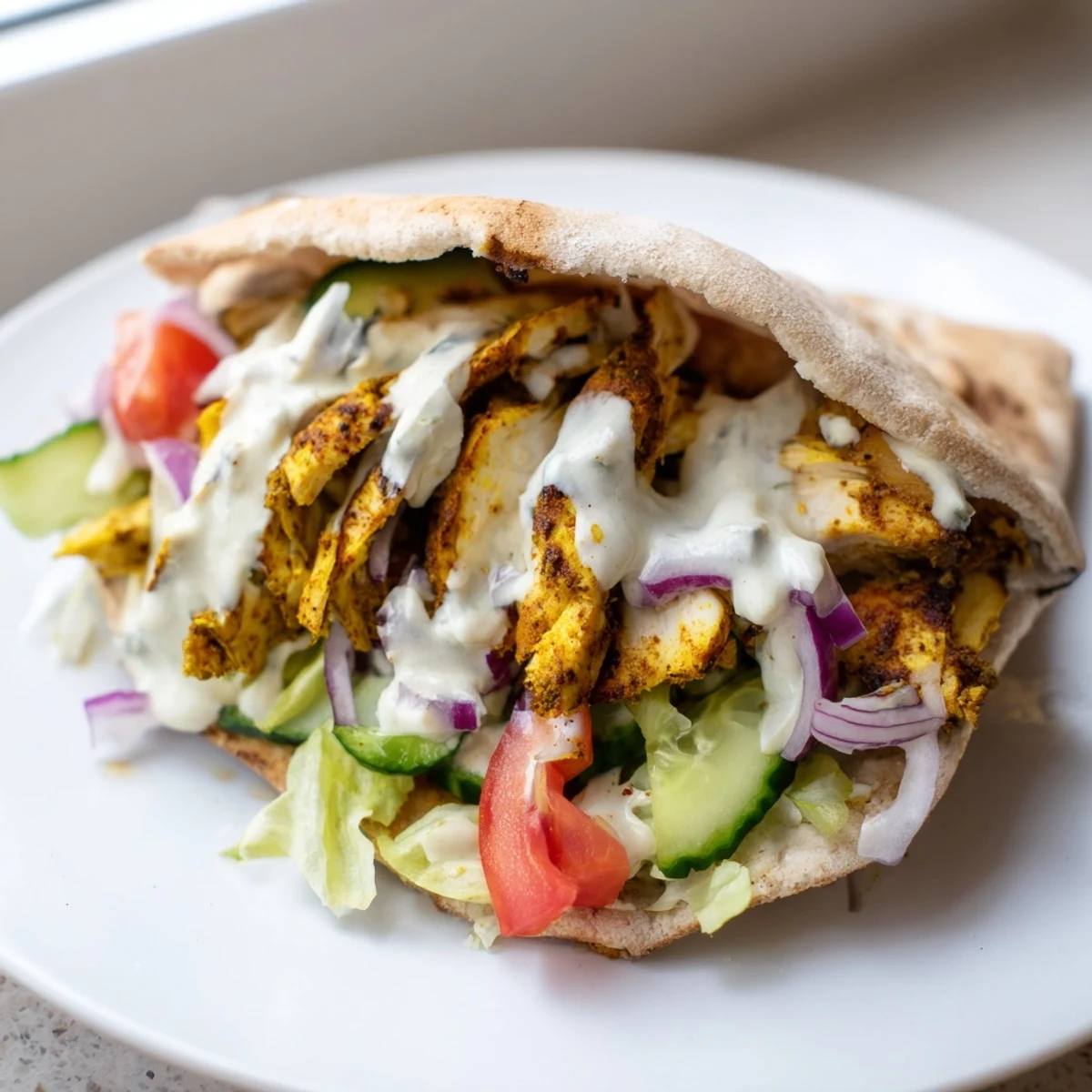 Golden roasted chicken shawarma wrapped in soft flatbread with fresh tomatoes cucumber and tangy tahini drizzle