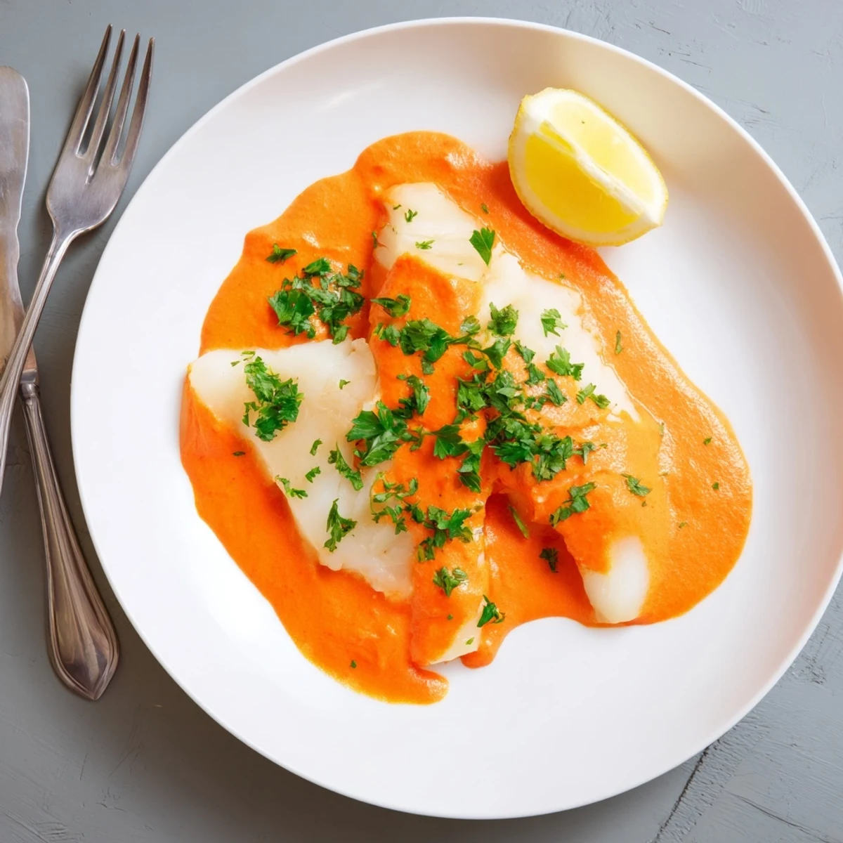 Tender white cod swimming in savory Mediterranean roasted red pepper sauce served with lemon wedges