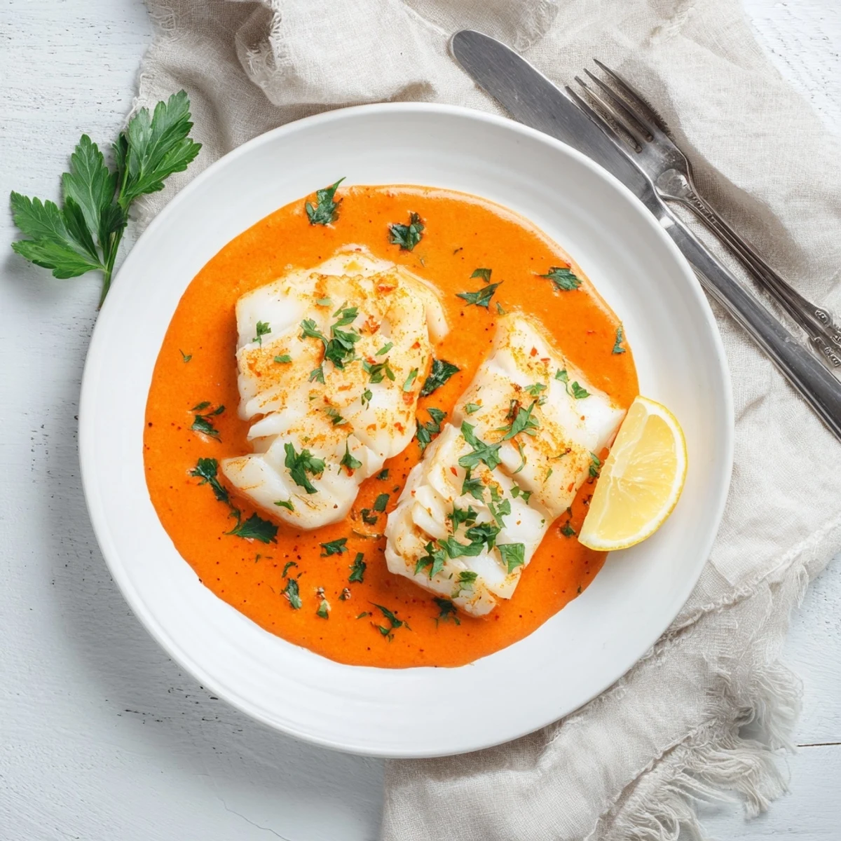 Flaky baked cod pieces smothered in smooth red pepper and garlic cream sauce over rustic white platter