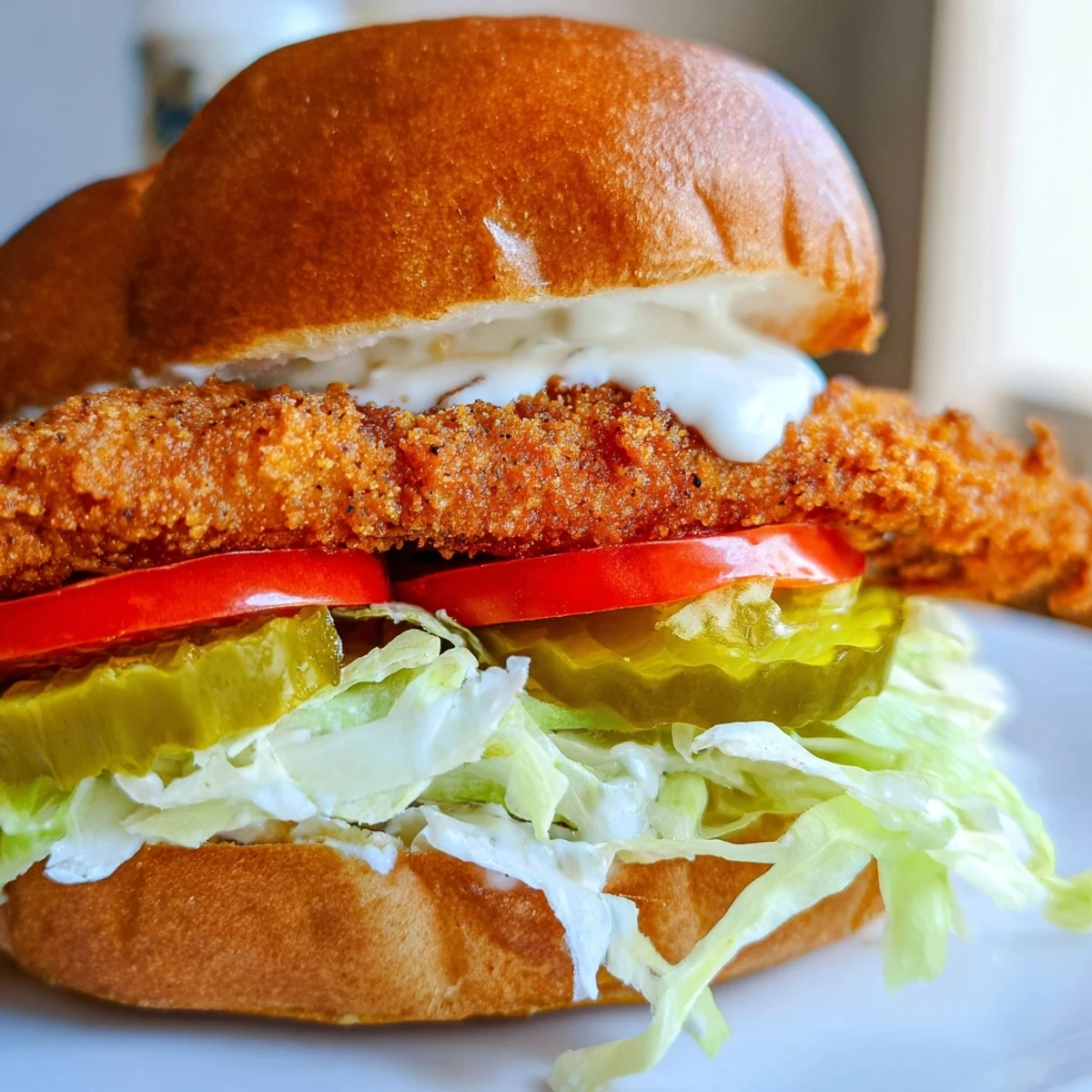 Homemade spicy chicken sandwich featuring fried breast topped with tangy sauce lettuce tomato pickles