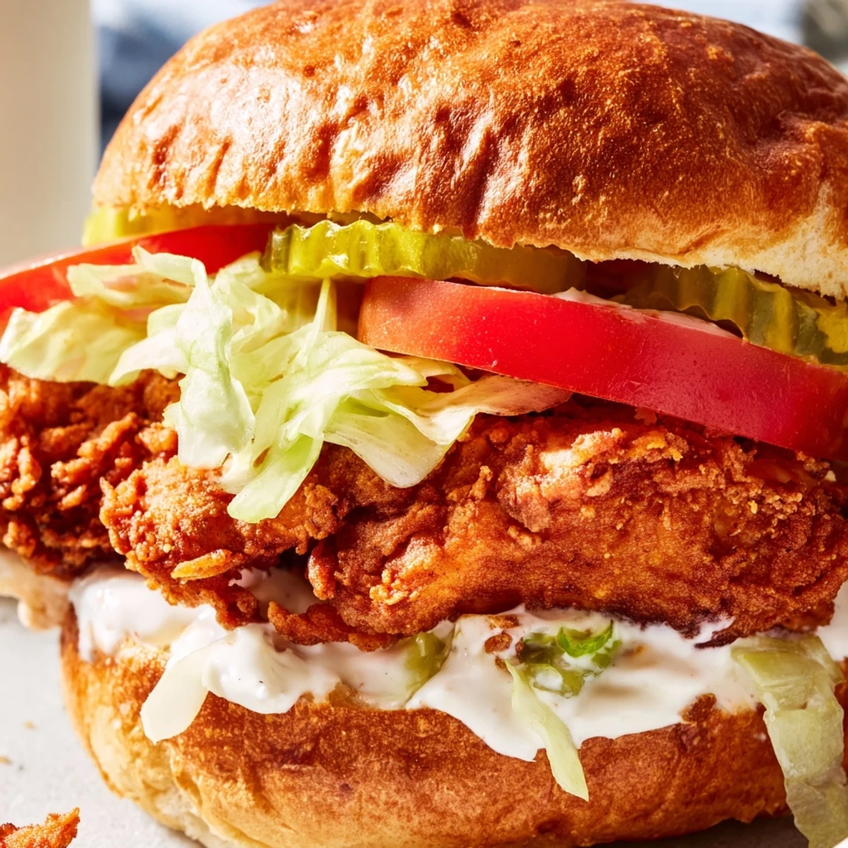 Golden crispy spicy chicken sandwich drizzled with white creamy sauce on toasted brioche bun