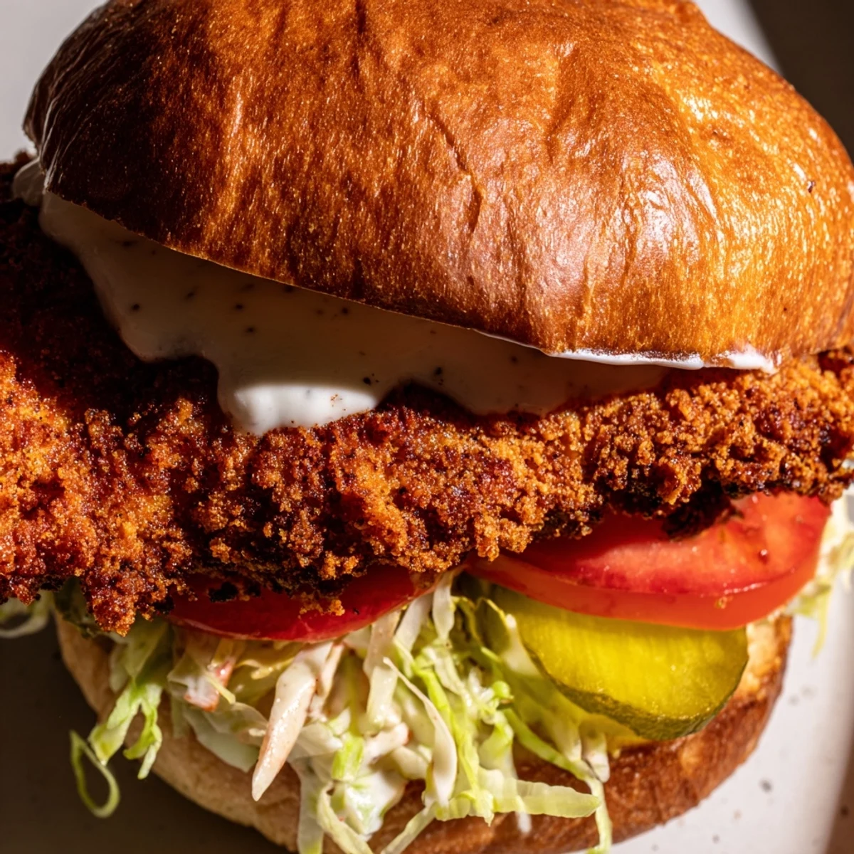 Crispy fried spicy chicken sandwich stacked with fresh vegetables and homemade creamy white sauce