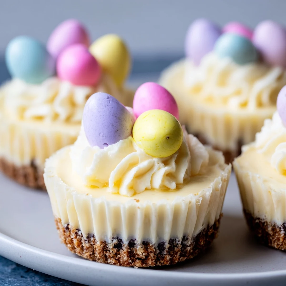 Easter Cadbury Mini Cheesecakes with chocolate cookie crust topped with colorful pastel Mini Eggs and whipped cream