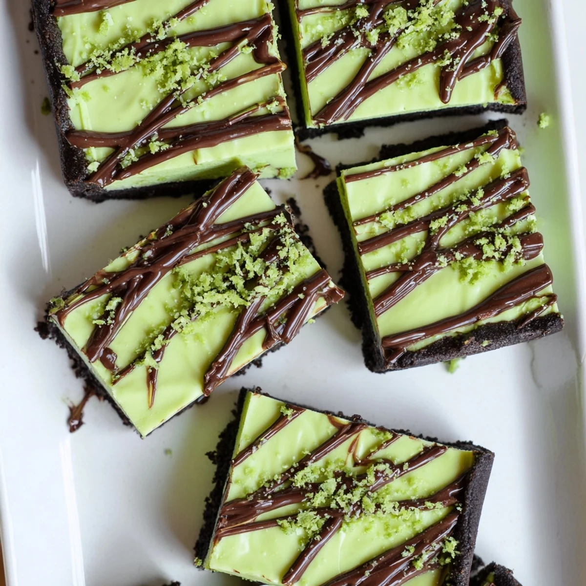 St. Patrick's Irish mint cheesecake fudge squares with chocolate cookie crust and dark chocolate drizzle