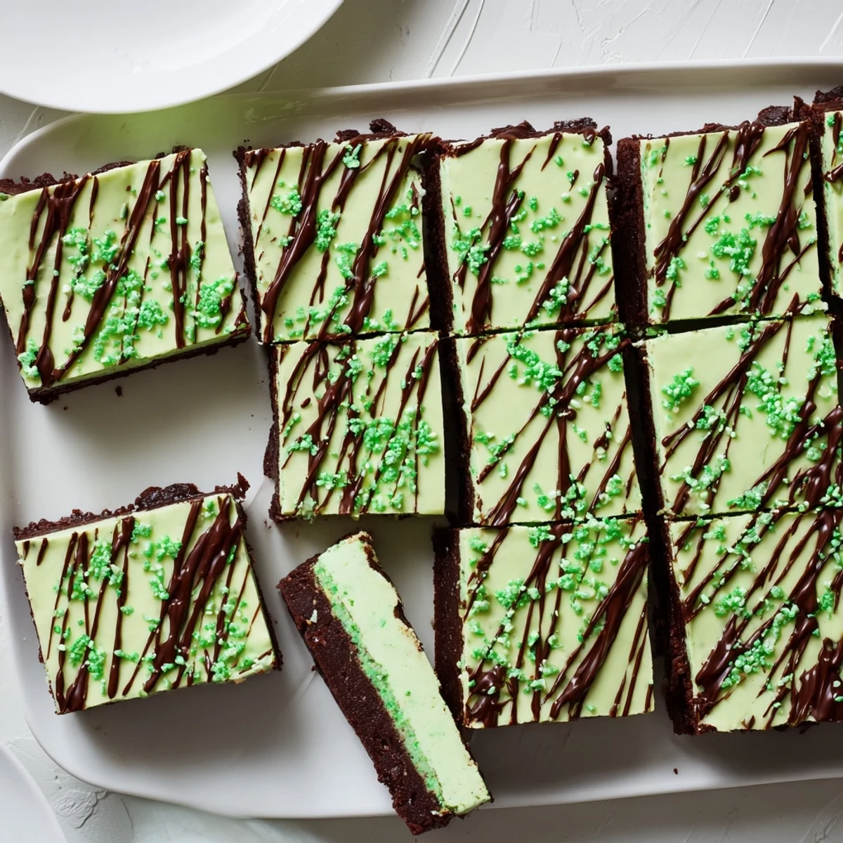 Green festive cheesecake fudge bars featuring creamy mint Irish cream flavor on crunchy chocolate base