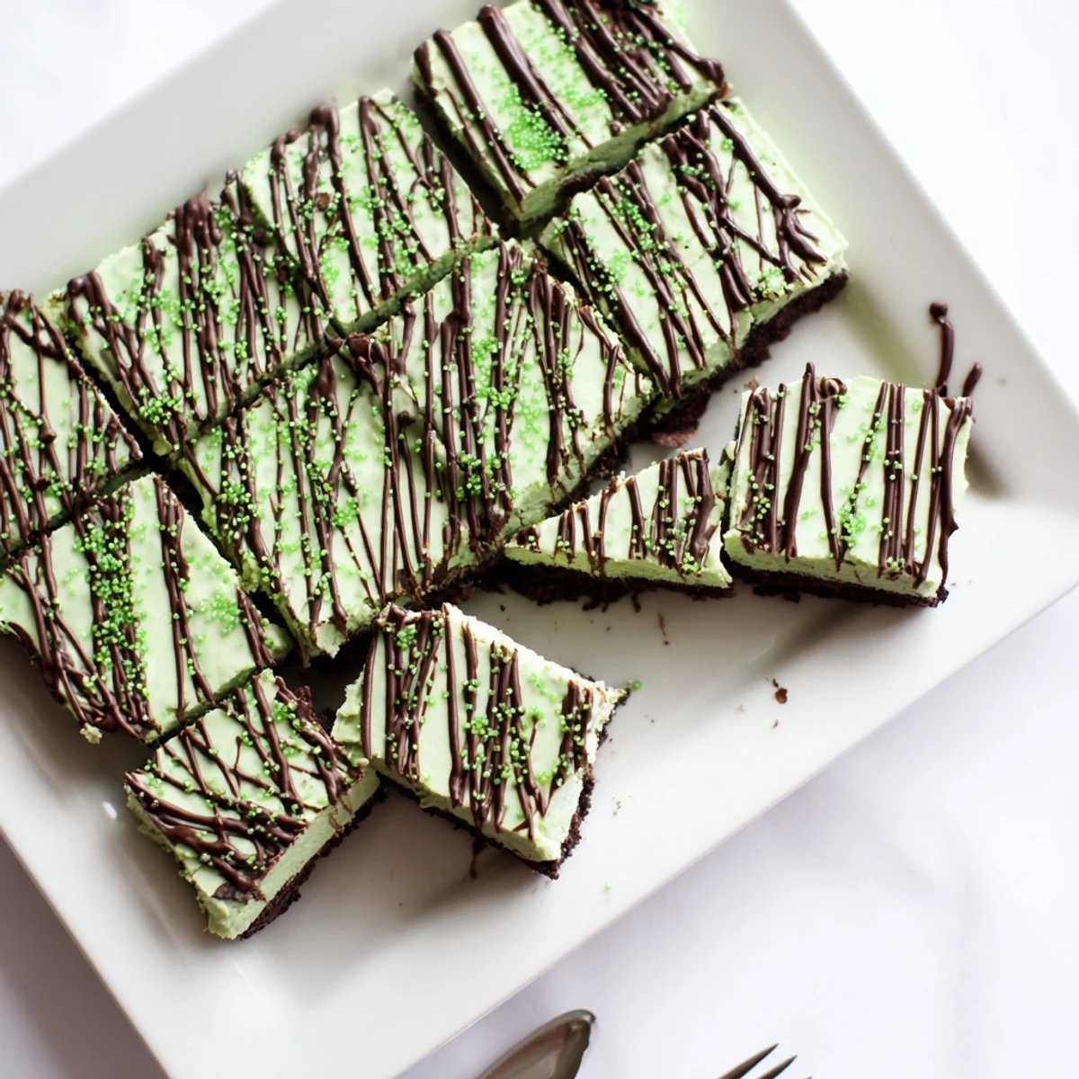 Decadent Irish mint cheesecake fudge squares topped with melted dark chocolate and green sprinkles