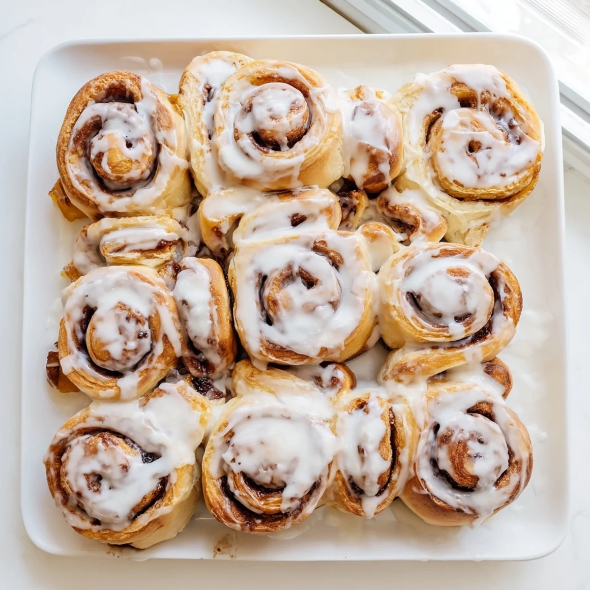 Golden peach pie cinnamon rolls drizzled with sweet vanilla glaze on a serving platter