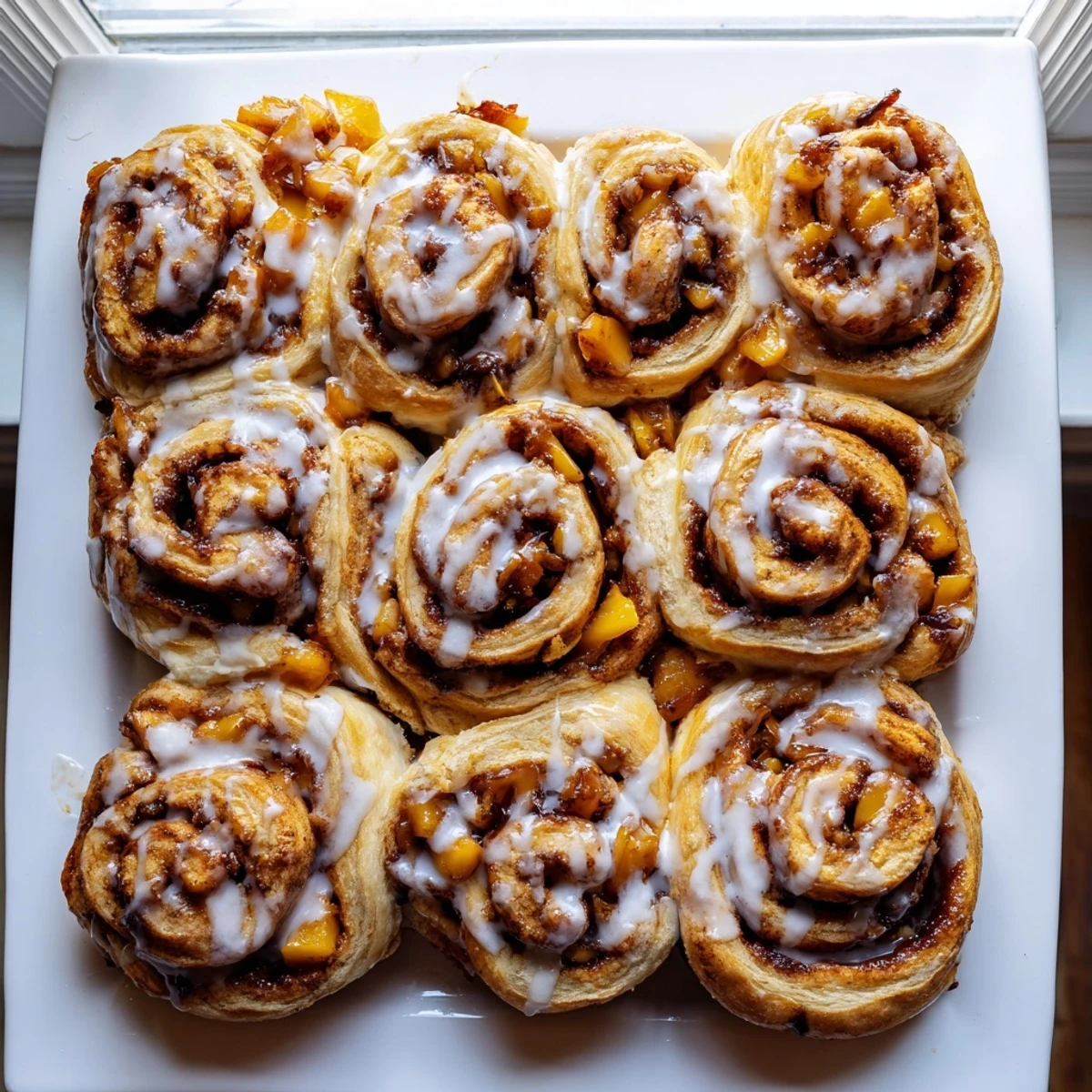 Soft baked cinnamon rolls spiraled with tender spiced peaches and topped with white icing