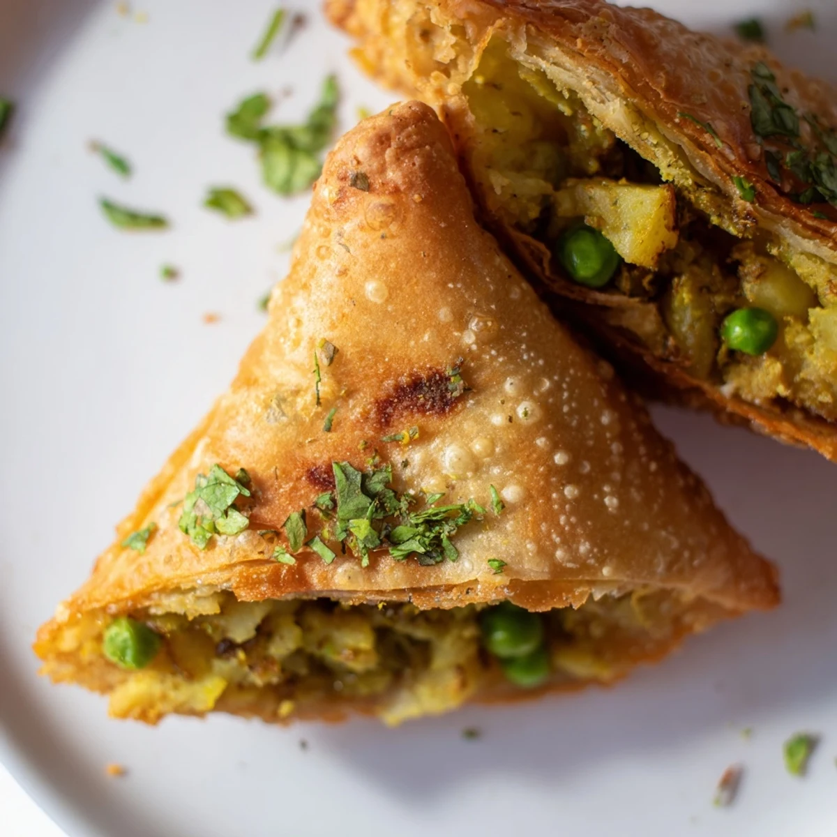Triangular pastry samosas with aromatic potato filling served alongside mint chutney dipping sauce