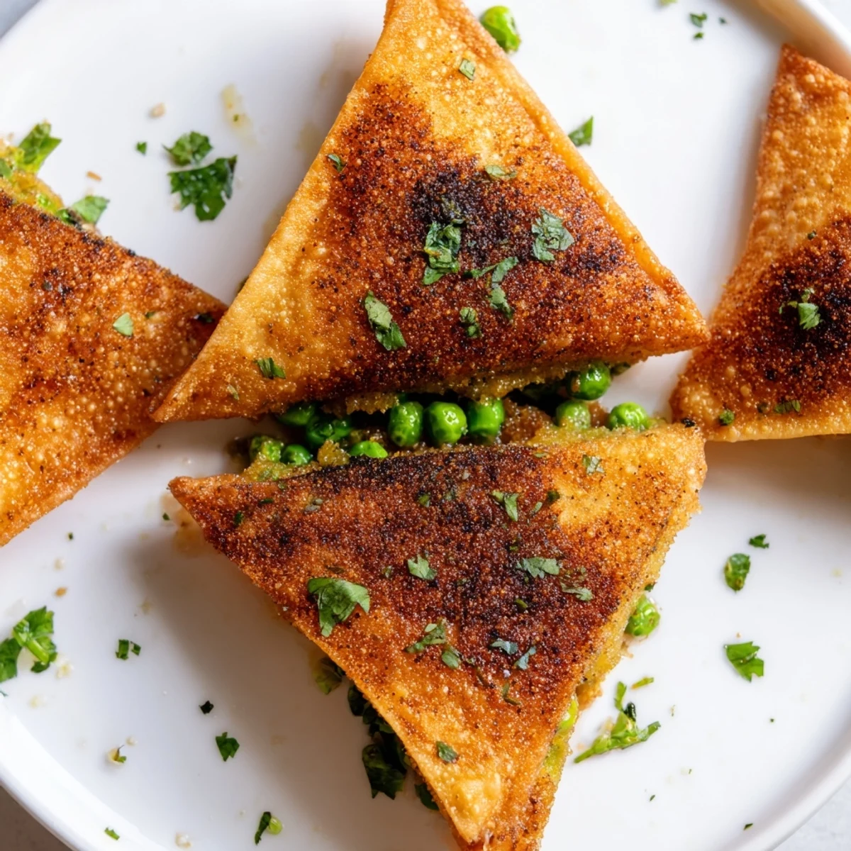 Golden vegetable samosas featuring spiced potato pea filling arranged on white serving plate