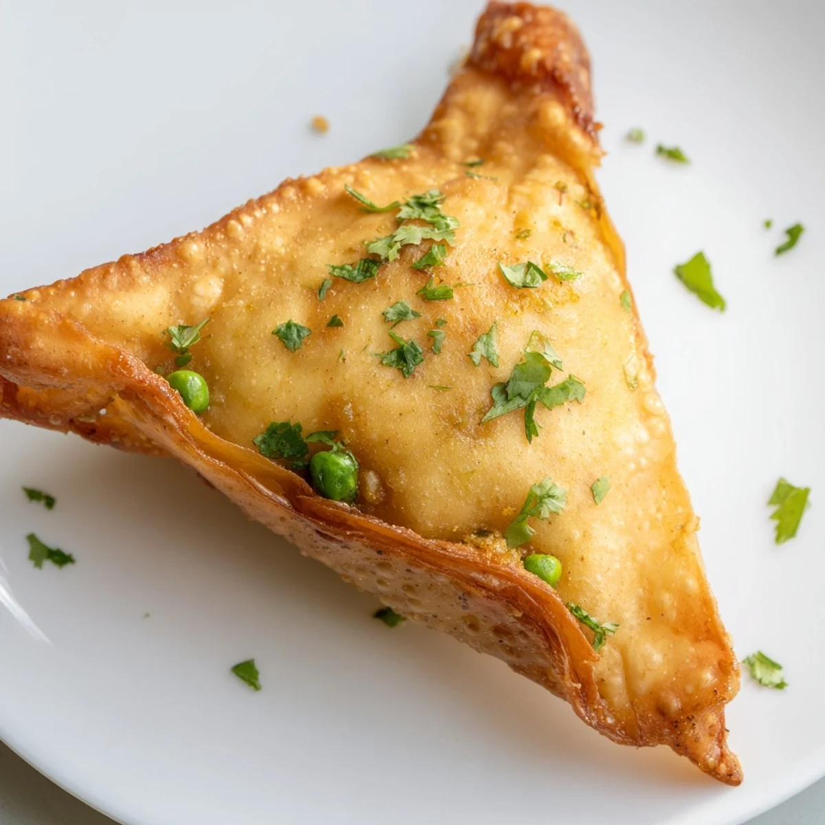 Crispy fried vegetable samosa appetizers plated with green mint chutney for dipping