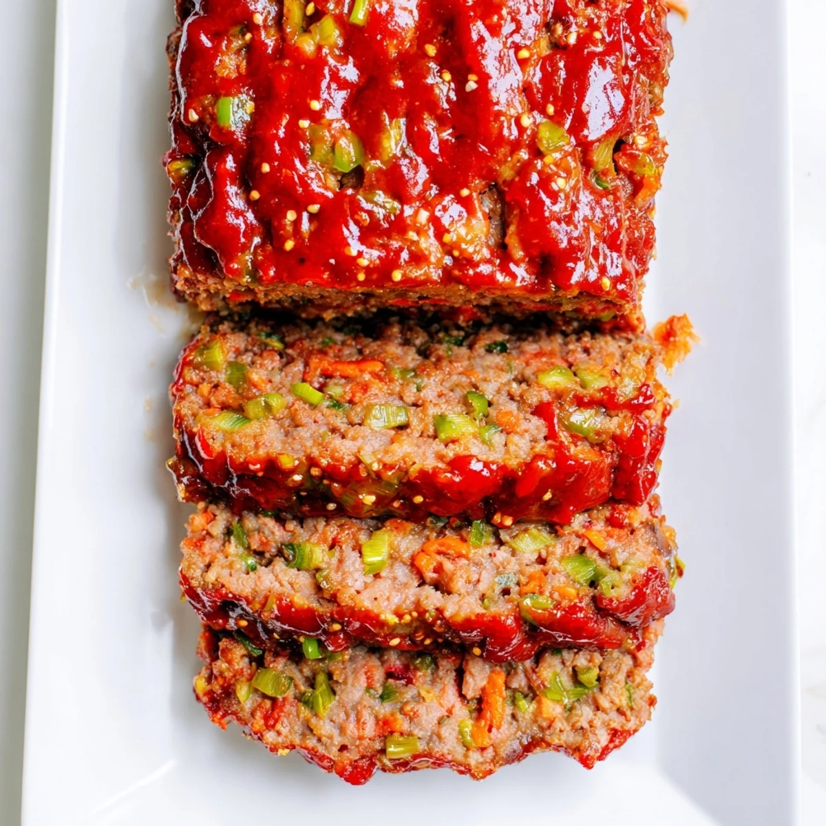 Golden Korean meatloaf with gochujang glaze brushed generously across the caramelized top crust