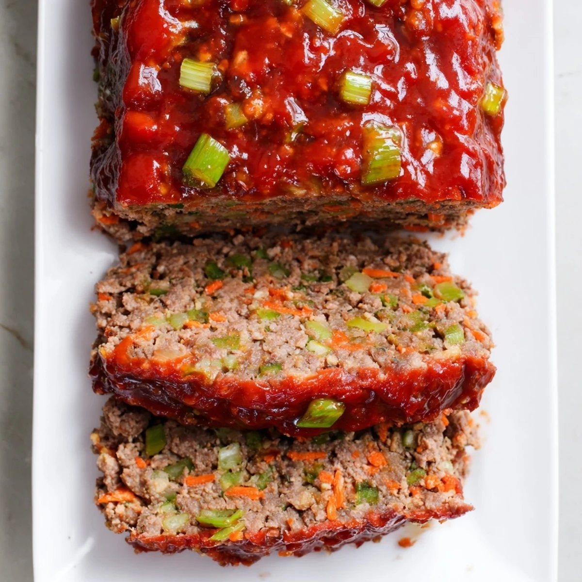 Sliced Korean meatloaf with gochujang glaze served on a white plate garnished with fresh green onions