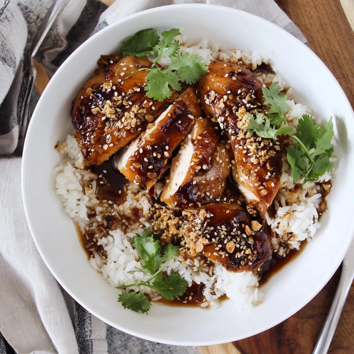 Golden caramelized soy chicken slices resting over fluffy white rice in a fragrant garlic ginger broth bowl