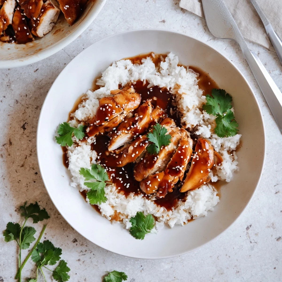 Tender chicken glazed with sweet soy caramel served in steaming aromatic broth over a bed of jasmine rice