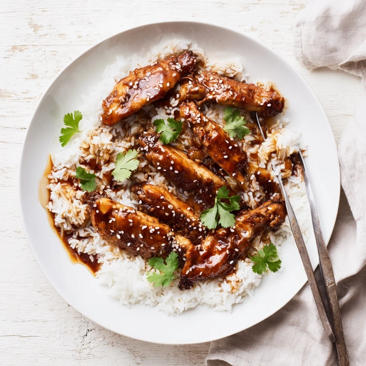 Savory chicken thighs in shiny caramelized sauce floating in garlic ginger broth with rice garnished with sesame seeds
