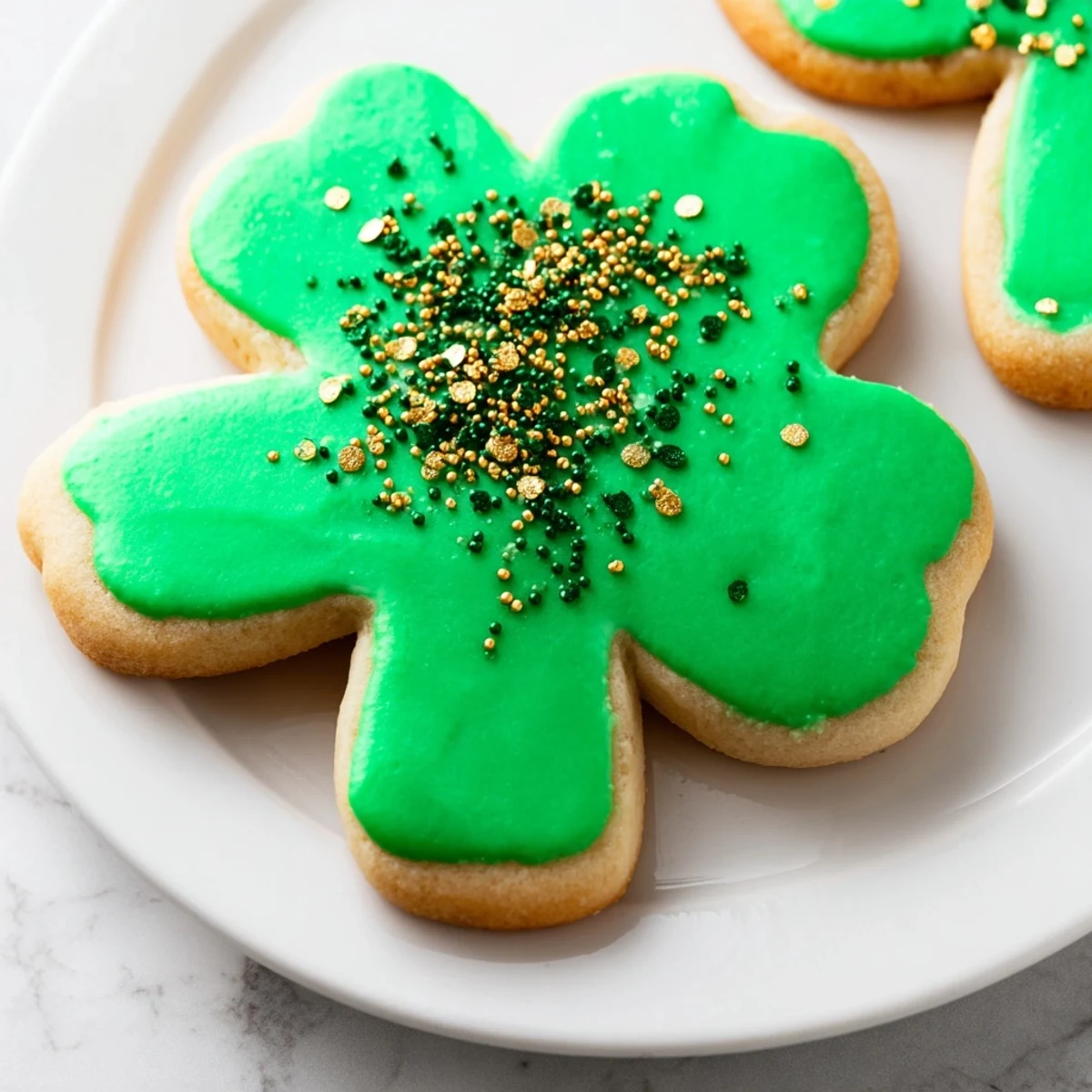 Festive St. Patricks Day sugar cookies topped with vibrant green icing and sparkling gold sprinkles on a white serving plate