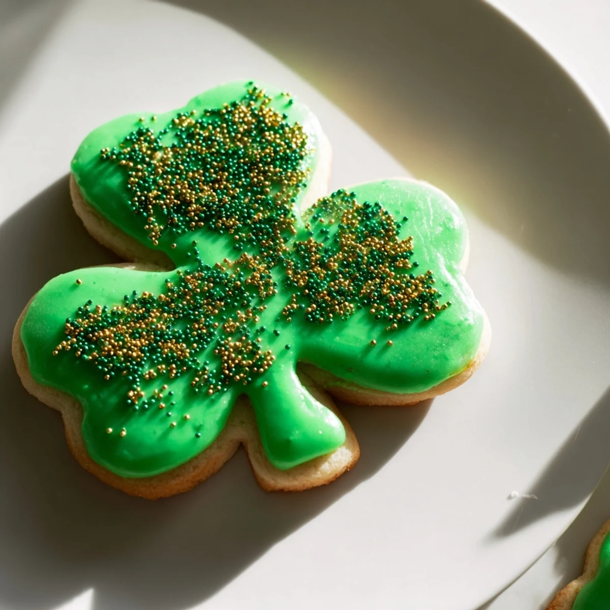 Soft homemade St. Patricks Day sugar cookies decorated with smooth green royal icing and shamrock-themed sprinkles for holiday celebrations