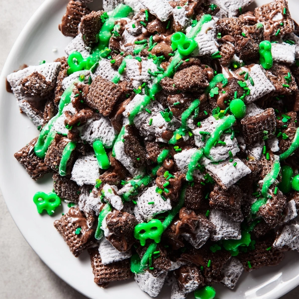 Festive St. Patricks Day puppy chow coated in melted chocolate peanut butter and dusted with powdered sugar
