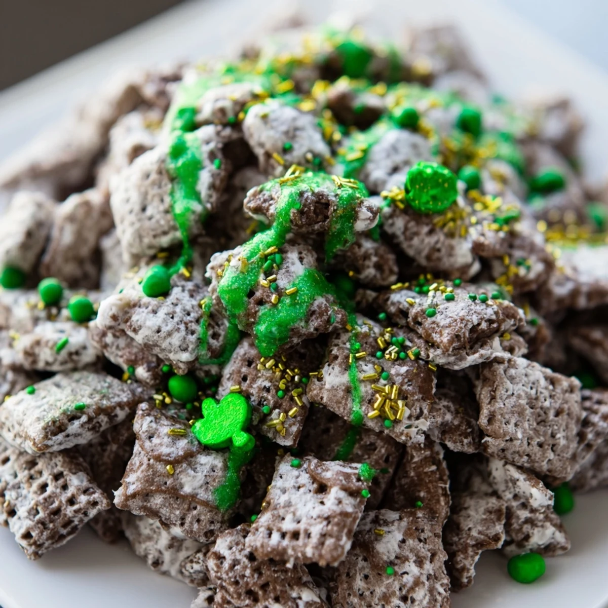 Green and gold sprinkled St. Patricks Day puppy chow with colorful candy pieces in a serving bowl