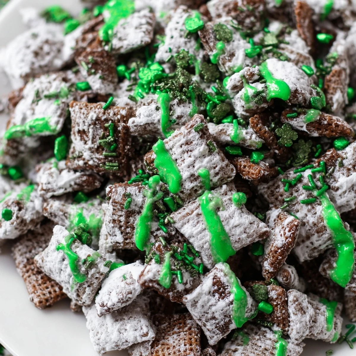 Crunchy St. Patricks Day puppy chow drizzled with green white chocolate and topped with festive sprinkles