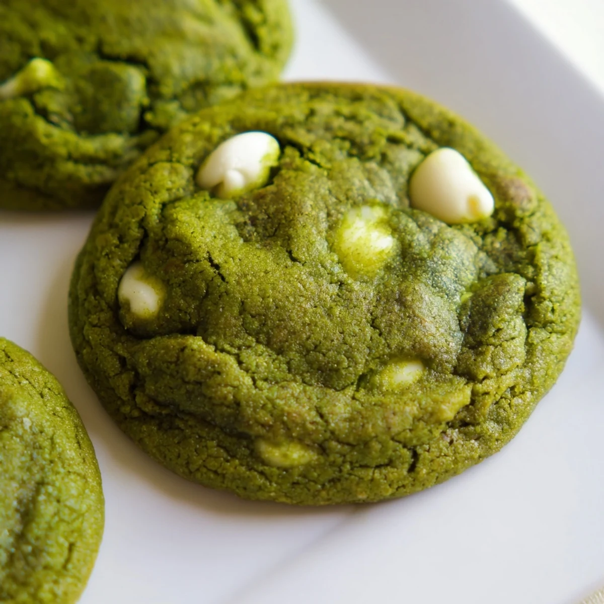 Soft baked green velvet cookies studded with melted white chocolate chips on a wire cooling rack