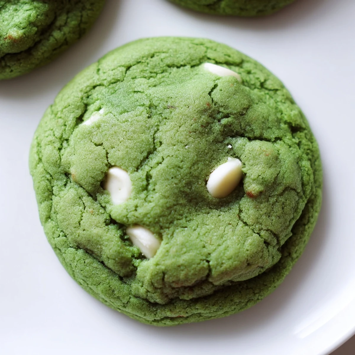 Vibrant green cookies with cocoa undertones and creamy white chocolate chunks fresh from the oven