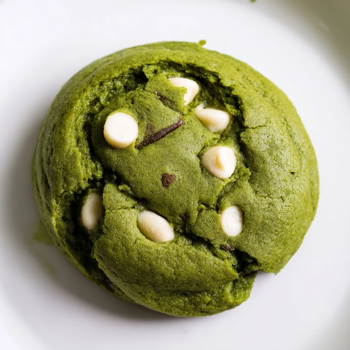 Chewy green velvet dessert cookies featuring subtle cocoa flavor and white chocolate add-ins on a white plate
