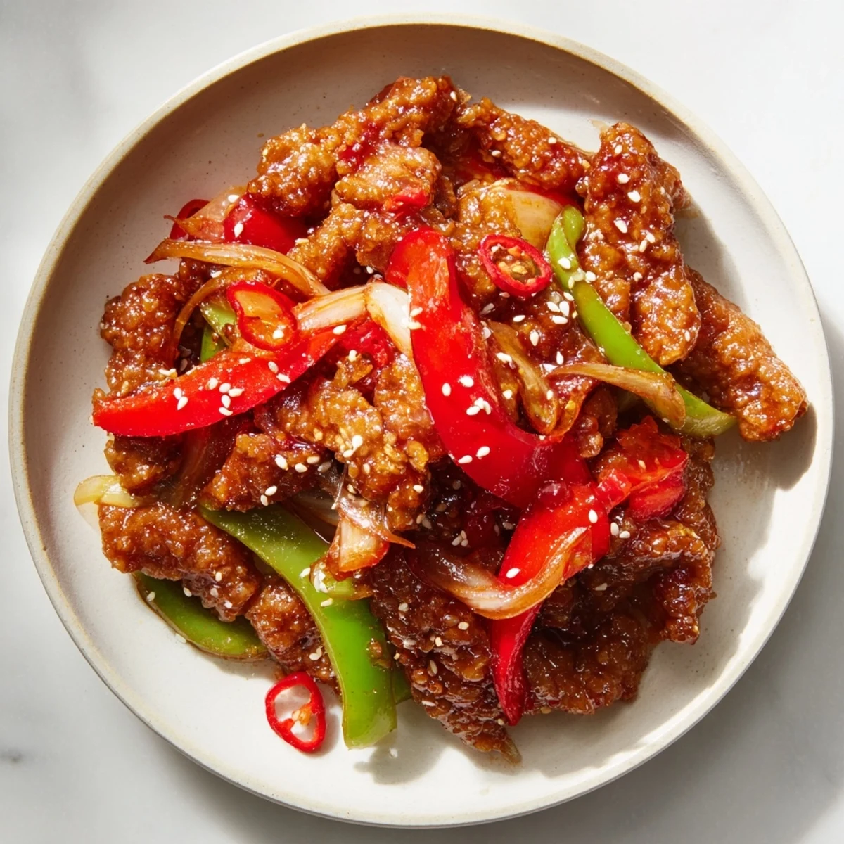Golden crispy chilli beef strips coated in spicy sweet glaze with colorful bell peppers