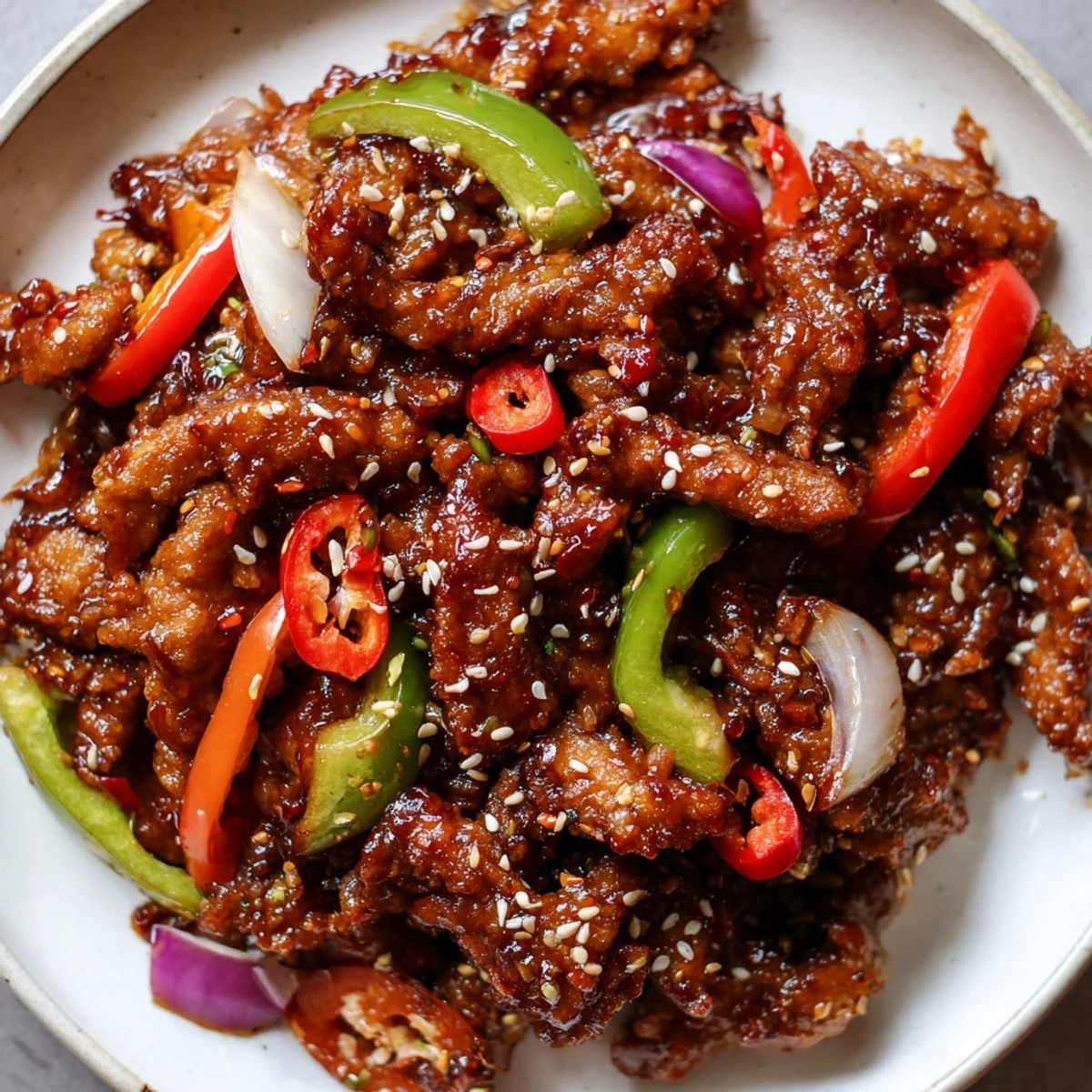 Homemade crispy chilli beef stir-fry with red and green peppers in sticky sauce