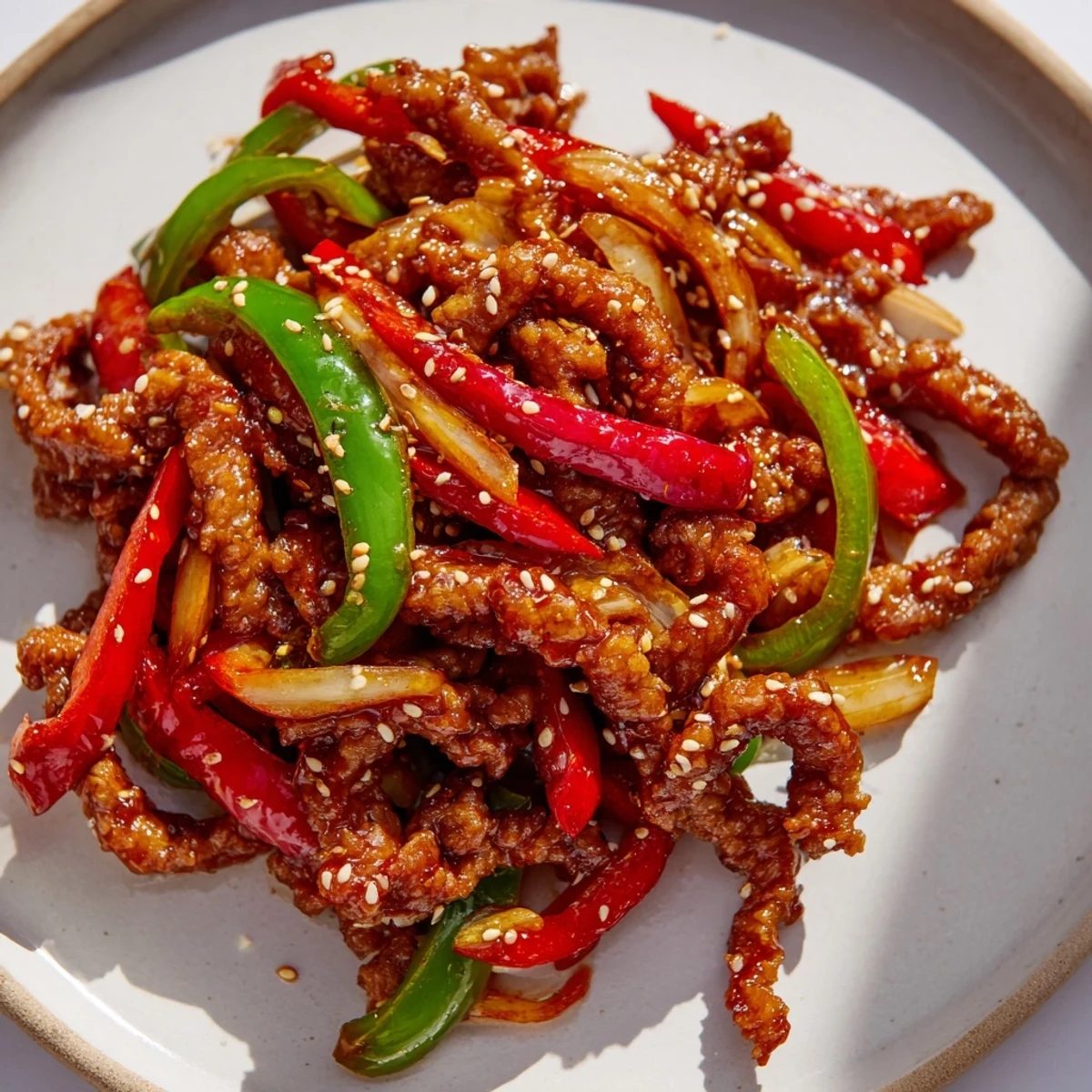 Plate of crispy chilli beef garnished with sesame seeds and fresh spring onions