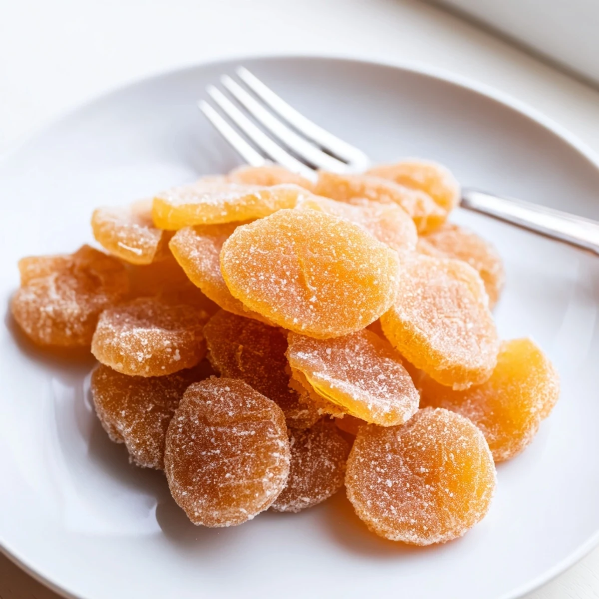 Chewy sweet and spicy candied ginger pieces arranged neatly on a wooden cutting board with shadows