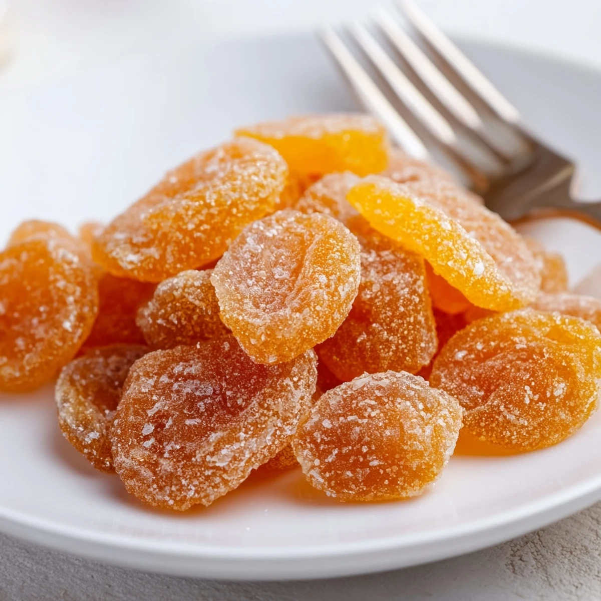 Golden translucent homemade candied ginger slices coated in sparkling white sugar on a white plate