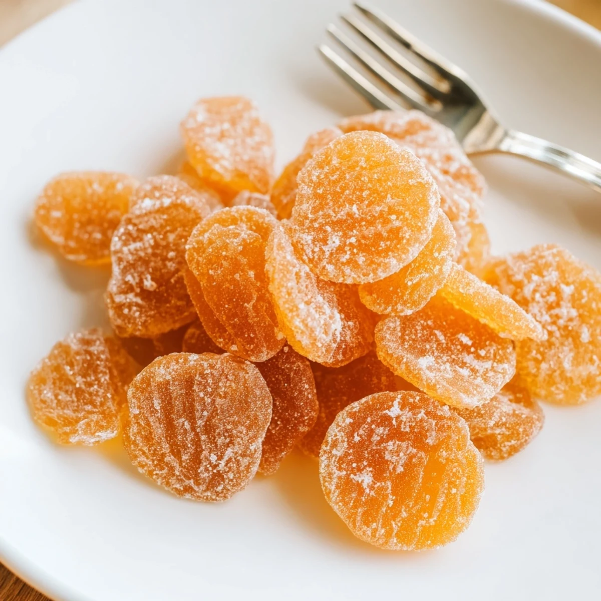 Close-up of sugar-crusted candied ginger strips glistening under natural light on a dark surface