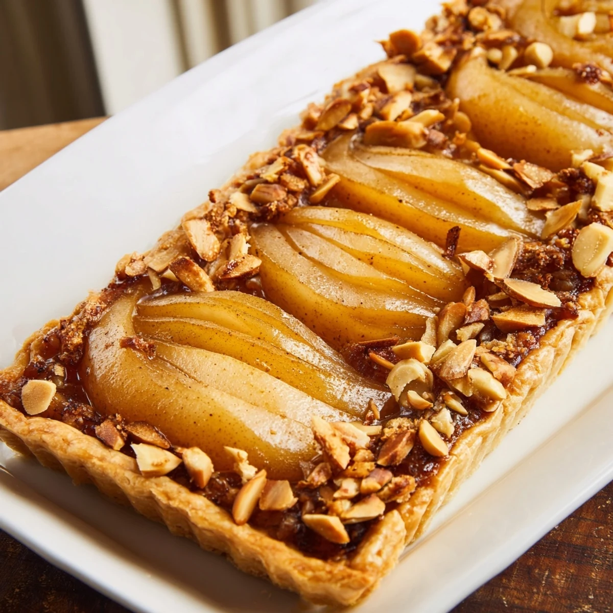 Elegant spiced pear puff pastry tarts arranged on baking sheet, ready for dessert serving