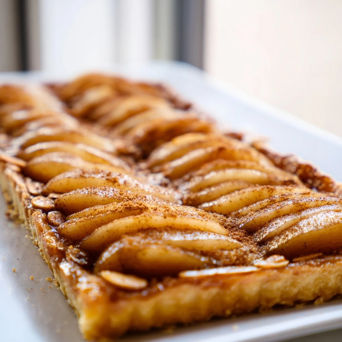 Buttery pastry rectangles topped with warm cinnamon pears, sliced almonds, and powdered sugar dusting
