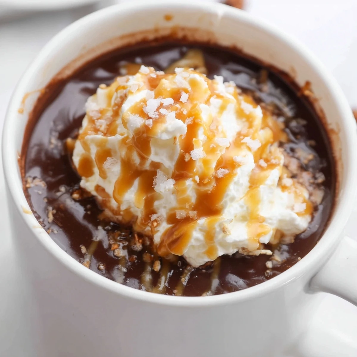 Creamy salted caramel hot chocolate topped with whipped cream and caramel drizzle in a mug