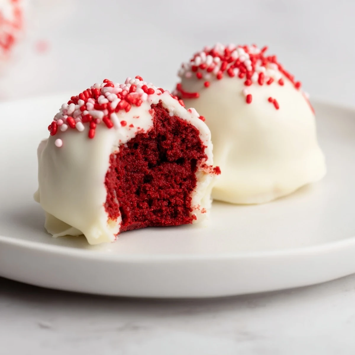 Bite-sized red velvet cake truffles coated in smooth white chocolate with colorful sprinkles