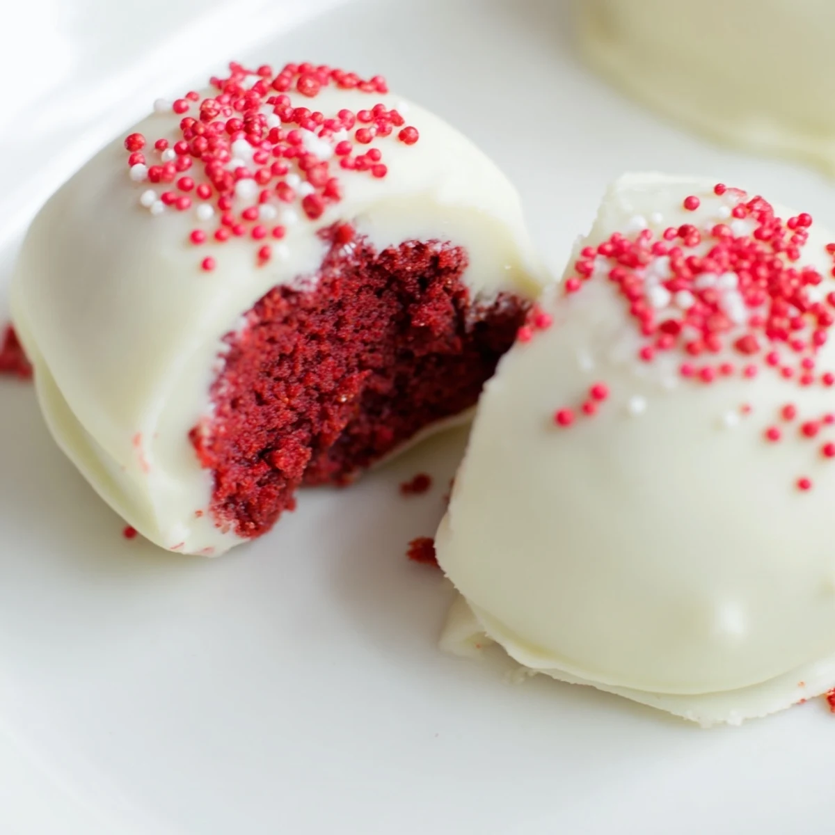Decadent easy red velvet cake truffles on a decorative plate ready for parties